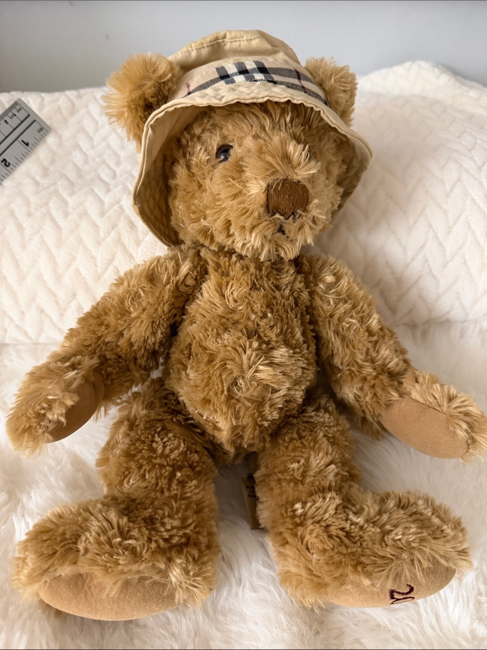 Burberry Tan Plush Teddy Bear with Signature Check Bucket Hat